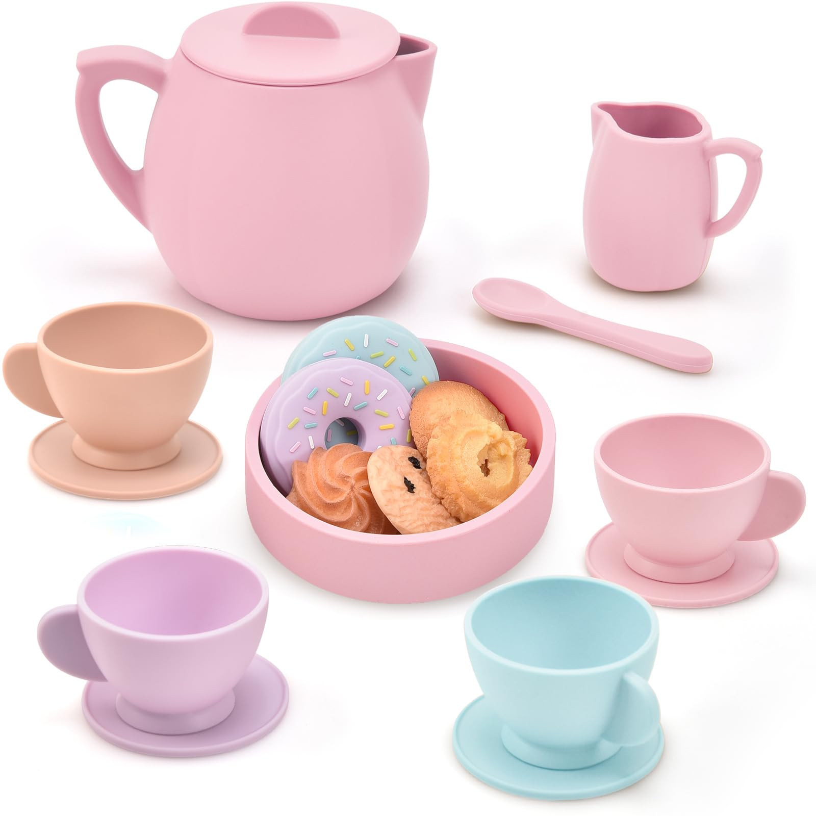 Lorfancy 20 Pcs Silicone Tea Party Set for Little Girls Kids Toddlers Tea Set with Tea Pot Cups F... | Amazon (US)