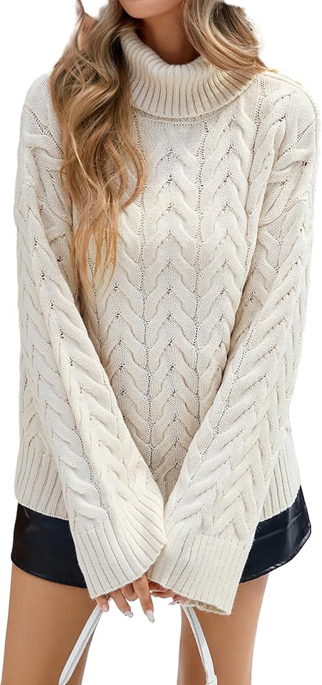 Womens Oversized Cute Cable Knit Lightweight Sweater Fall 2025 Ladies Soft Turtleneck Long Sleeve... | Amazon (US)