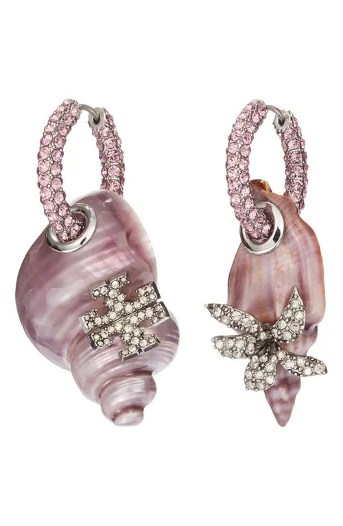 Tory Burch Curiosity Shell Drop Pavé Hoop Earrings in Red /Purple at Nordstrom | Nordstrom