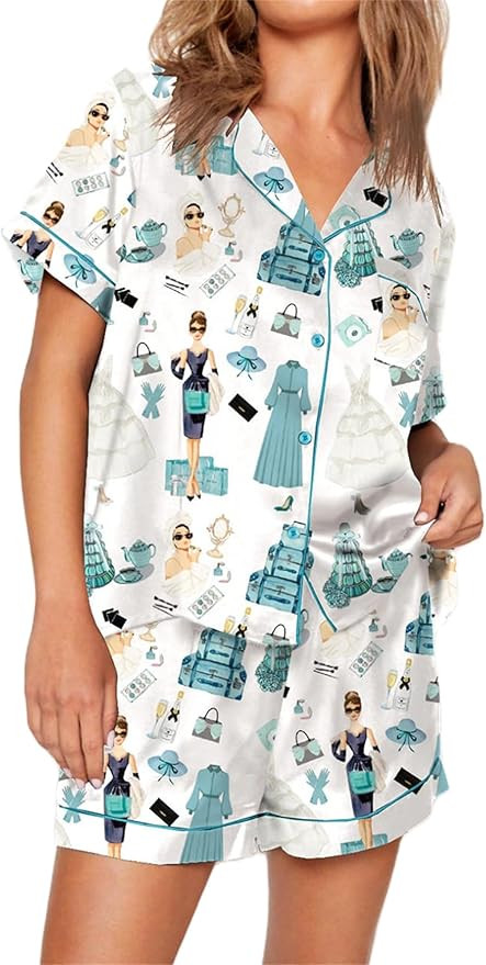 Hassembly Women 2 Piece Satin Pajama Set Cute Bow Print Short Sleeve Shirt Loose Shorts Matching ... | Amazon (US)