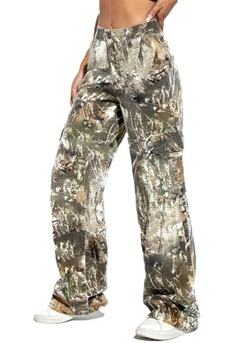 SHINFY Women's Camo Cargo Pants Y2K Camouflage Wide Leg Baggy Army Pants Joggers Sweatpants with Flap Pockets | Amazon (US)