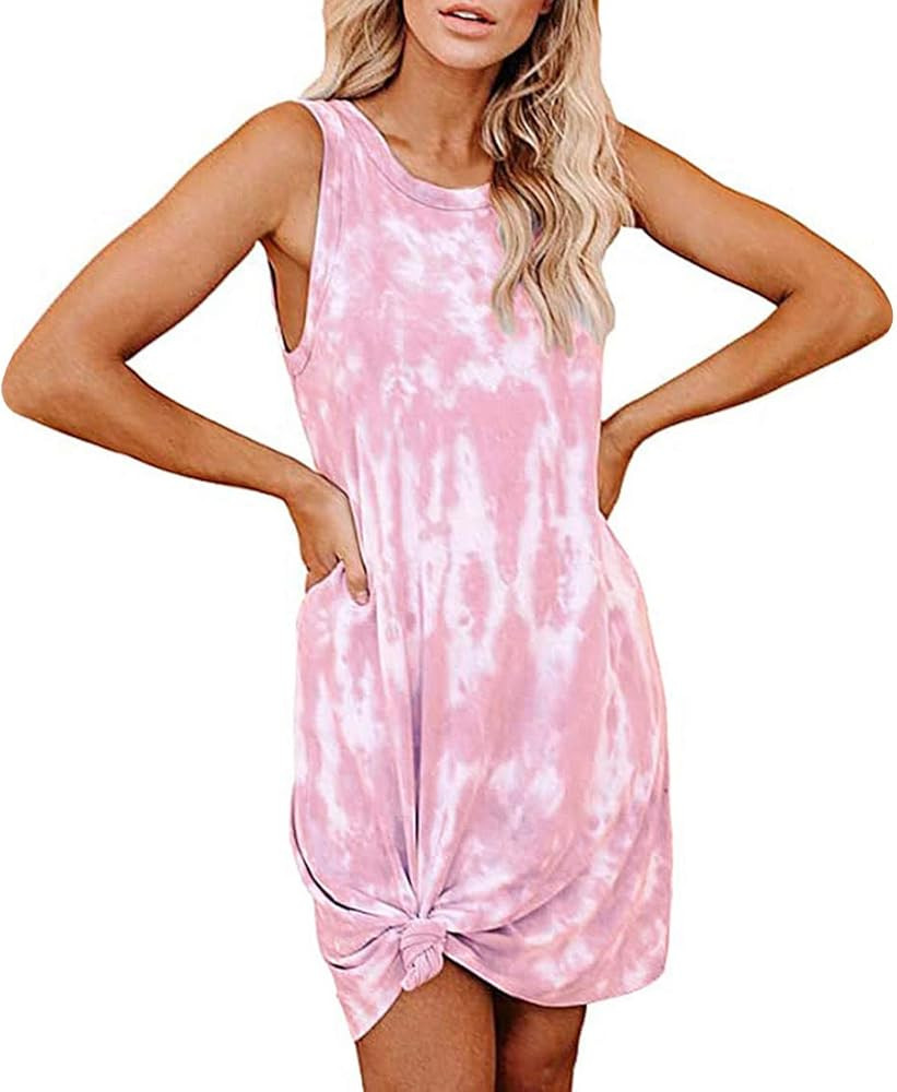 Women's Tie Dye Dress Summer Casual Sleeveless Short Tunic Dress Pink 2XL | Amazon (US)