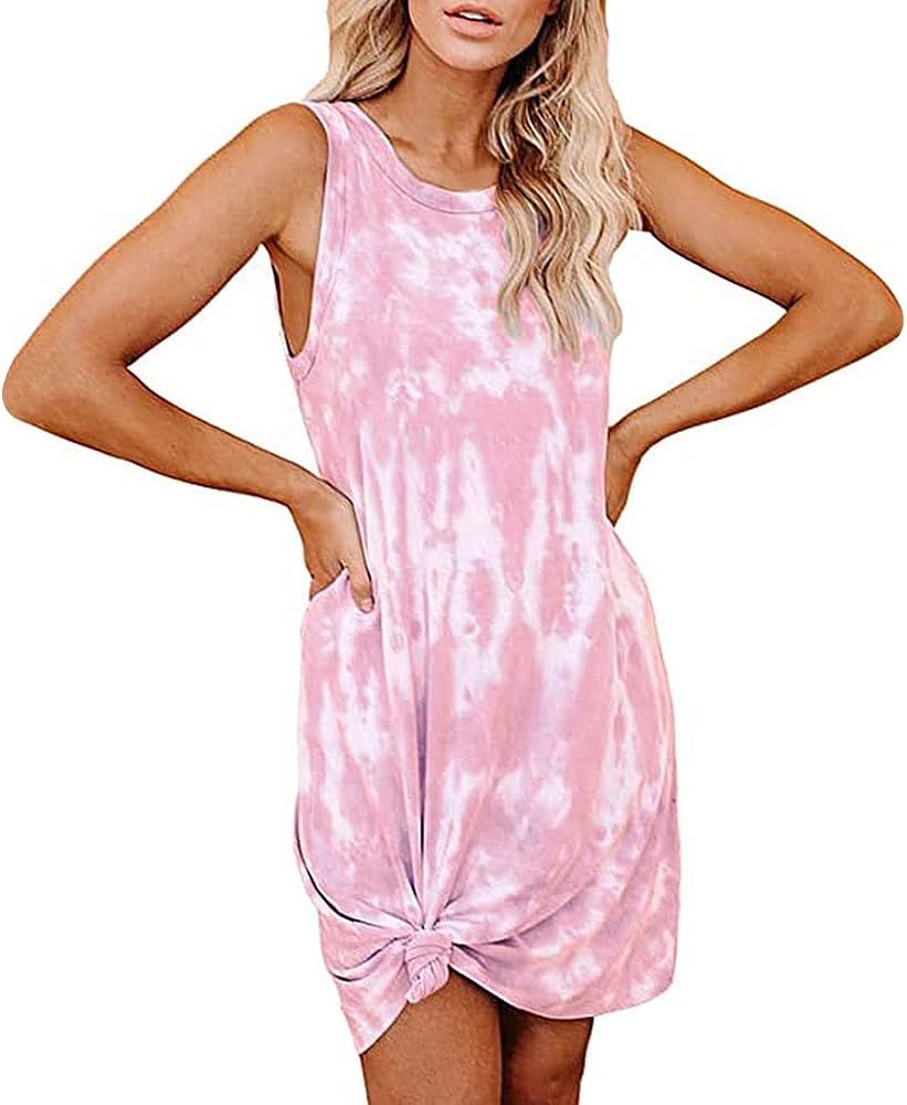 Women's Tie Dye Dress Summer Casual Sleeveless Short Tunic Dress Pink 2XL | Amazon (US)
