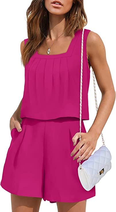 WIHOLL Womens 2 Piece Outfits Summer Lounge Sets Square Neck Crop Tank Top and Shorts Sets | Amazon (US)