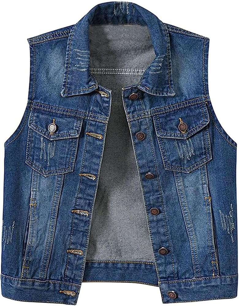 HALITOSS Women's Buttoned Washed Denim Jacket Sleeveless Crop Vest 6 Color | Amazon (US)