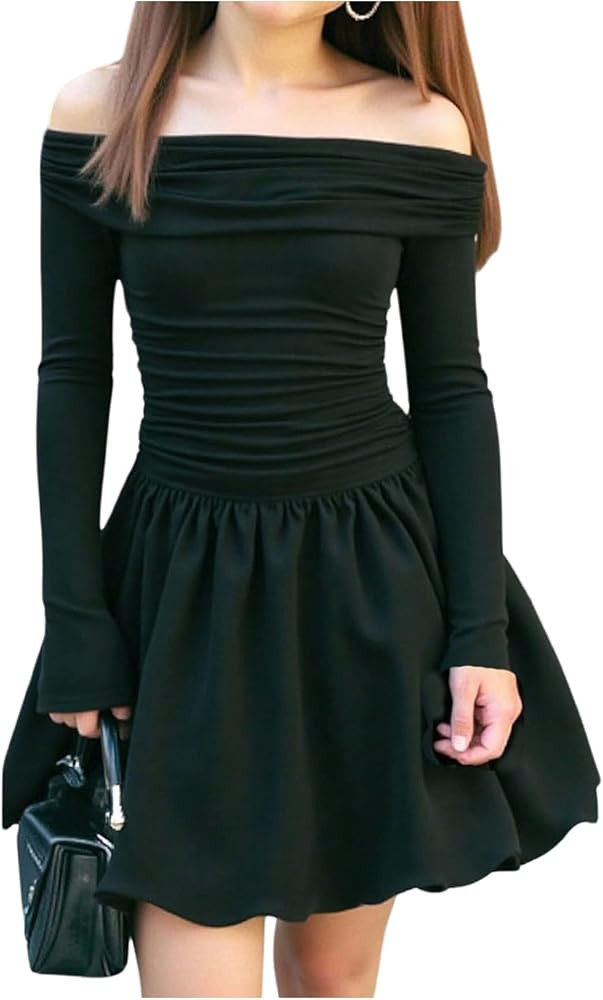 WDIRARA Girl's Off The Shoulder Bubble Dress Ruched Long Sleeve Dance Party Dress | Amazon (US)