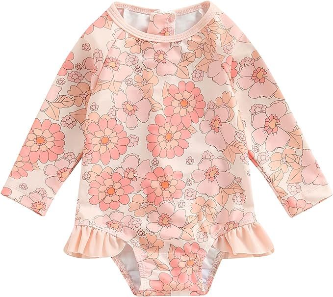 Mandizy Toddler Baby Girl Swimsuit One Piece Long Sleeve Floral Print Zipper Rash Guard Swimwear ... | Amazon (US)