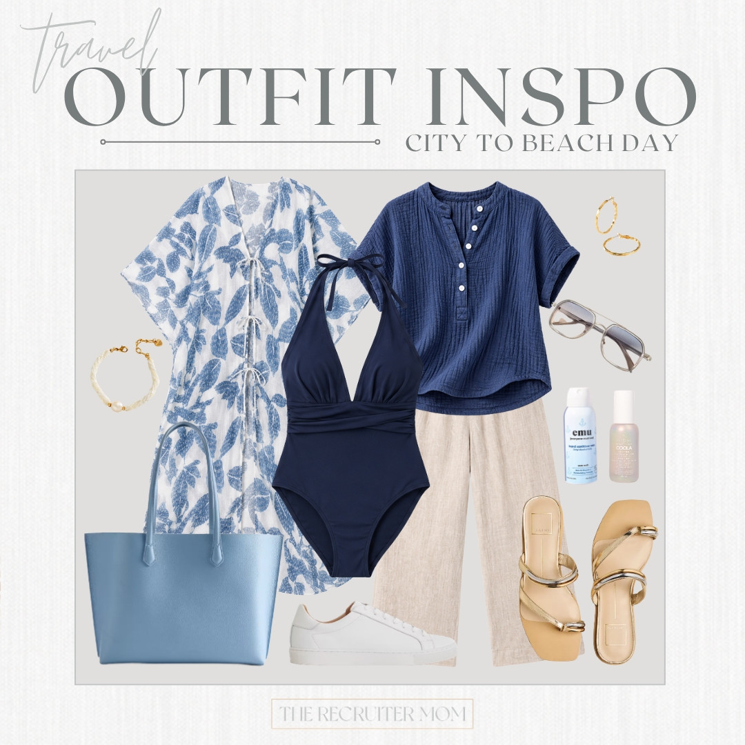 City to beach day, handled 💙 A navy one-piece under an easy gauze top and linen pants means you can go from the boardwalk to lunch without missing a beat. Toss the kaftan and a blue tote in your bag and you're set

#LTKSeasonal #LTKSwim #LTKTravel