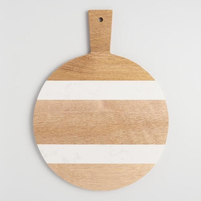 Small Round White Marble and Wood Paddle Cutting Board | World Market