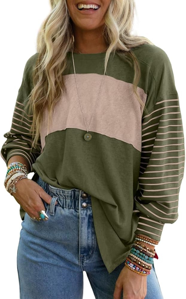 Dokotoo Long Sleeve Fall Tops Oversized 2024 Trendy Round Crew Neck Casual Color Block Womens Shi... | Amazon (US)