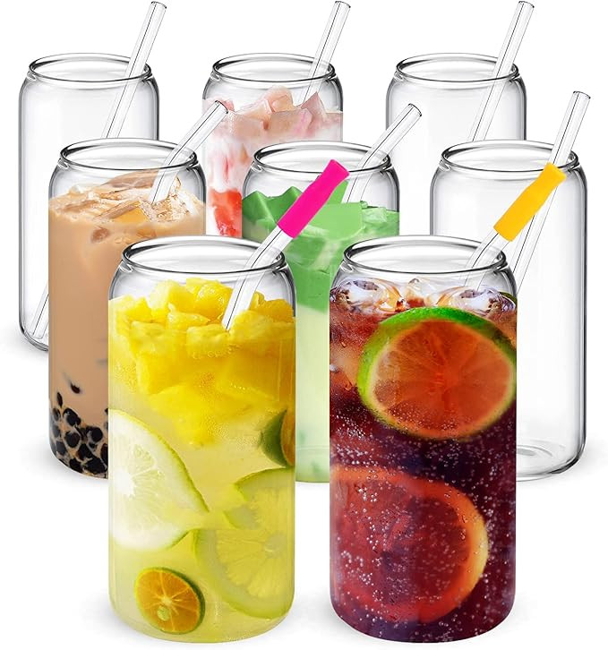 Drinking Glasses with Glass Straw 8Pcs Set, 16oz Clear Can Shaped Glass Cups, Beer Glasses, Iced ... | Amazon (US)