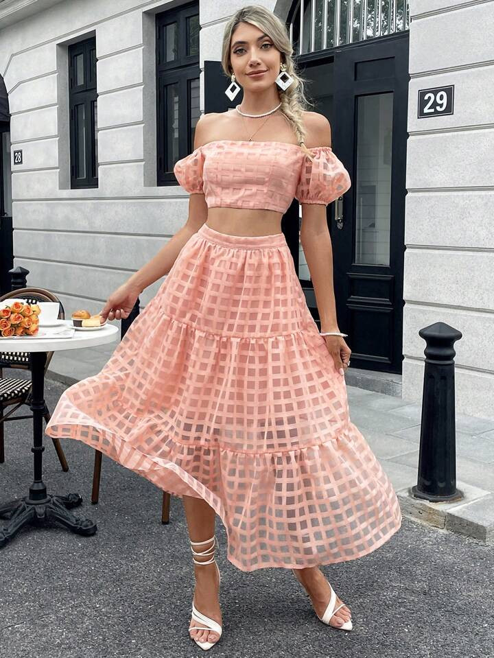 SHEIN VCAY Off Shoulder Crop Top & Ruffle Hem Skirt | SHEIN