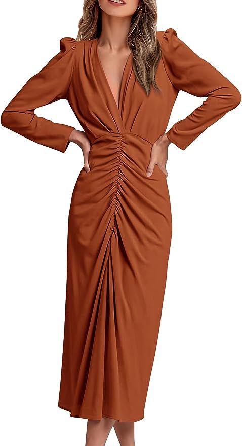 PRETTYGARDEN Women's 2023 Fall Maxi Dress Long Sleeve Deep V Neck Ruched Slit Casual Formal Elega... | Amazon (US)