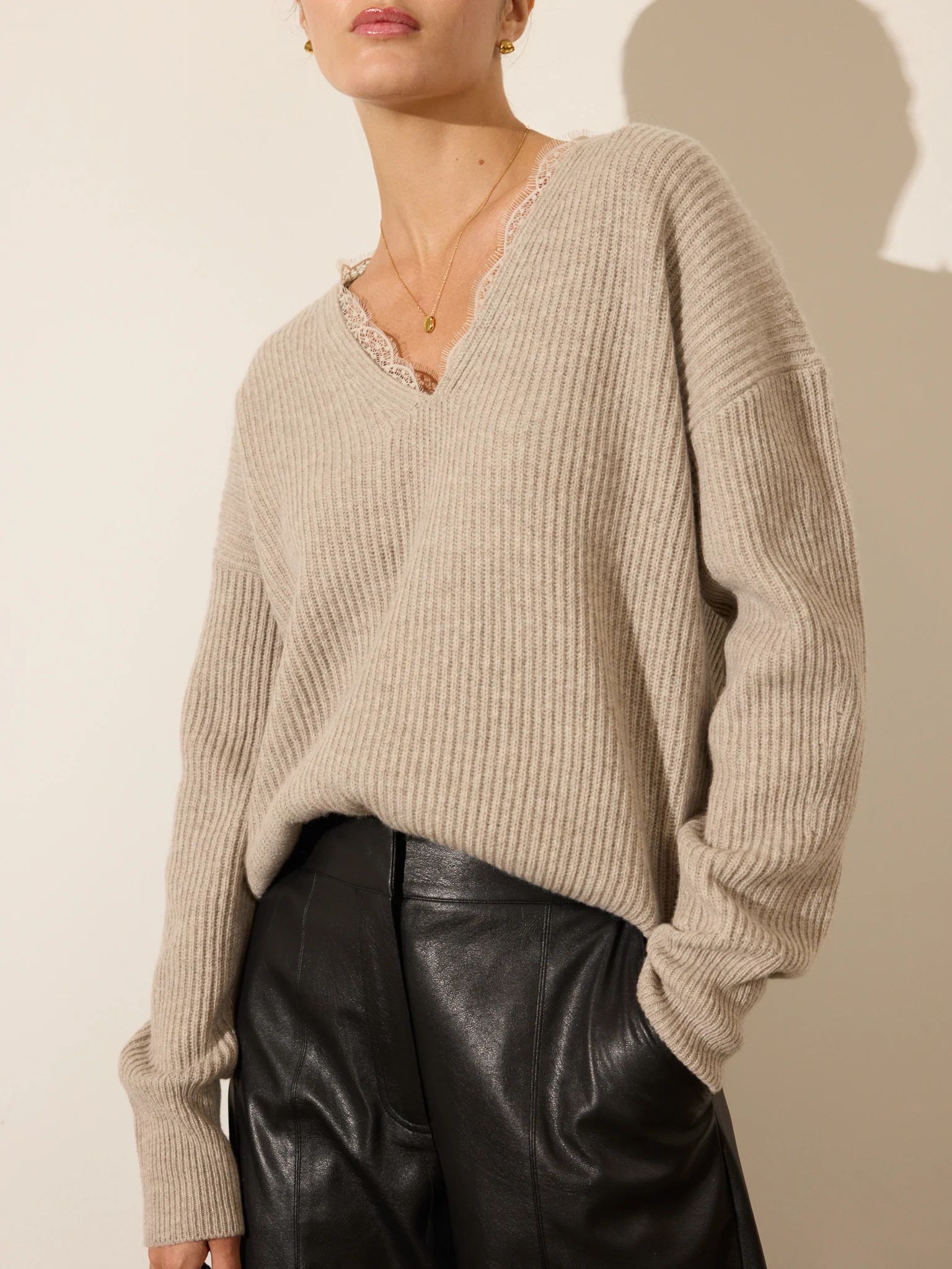 Brochu Walker | Women's Ava Lace V Neck Sweater in Light Chia Mélange Combo | Brochu Walker