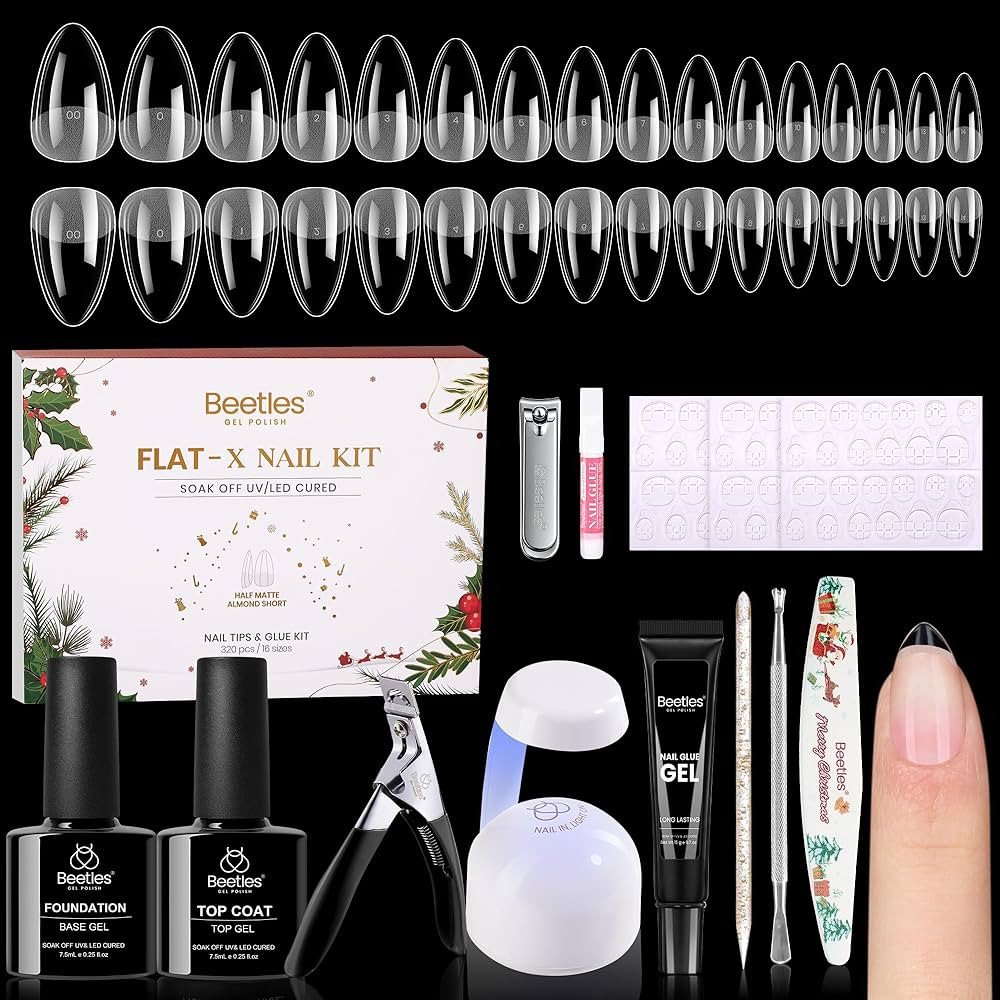 Beetles Gel Nail Kit Flat-X, Almond Short, 320pcs 16 Sizes, with 15g Hands-free Solid Nail Glue G... | Amazon (US)