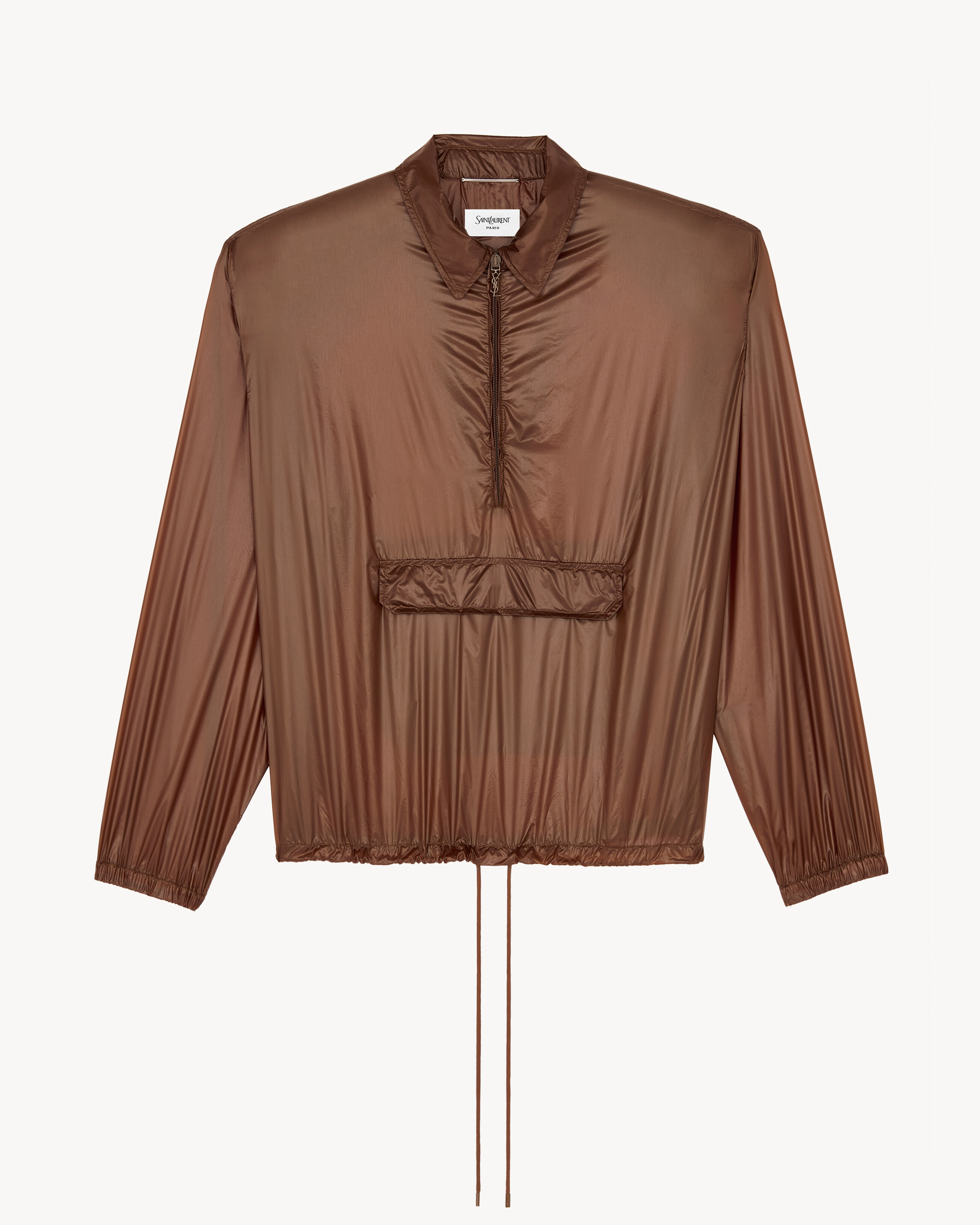 semi-sheer windbreaker featuring a pointed collar with CASSANDRE half-zip, exaggerated shoulders,... | Saint Laurent Inc. (Global)