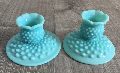 Pair of Vintage Fenton Turquoise Milk Glass Hobnail Candlestick Holders 1950s | eBay US