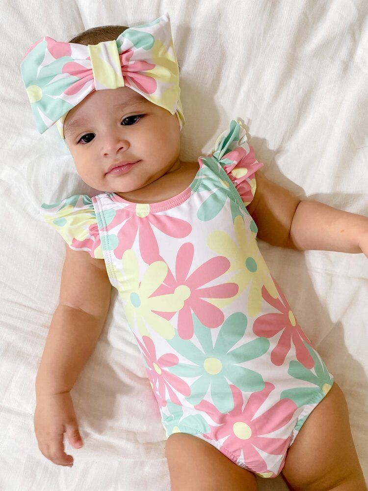 Baby Girl Floral One Piece Swimsuit With Hairband | SHEIN