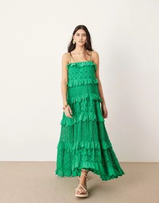 ASOS EDITION strappy eyelet trapeze tiered maxi dress in mid green | ASOS | ASOS (Global)