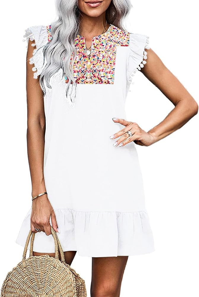 KIRUNDO Women's 2025 Summer Mini Dress Casual V Neck Floral Embroidered Ruffle Sleeveless Shift F... | Amazon (US)