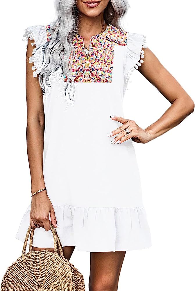 KIRUNDO Women's 2024 Spring Summer Dresses Cute Bohemia Floral Embroidered Sleeveless Shift Vacat... | Amazon (US)