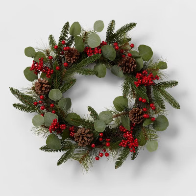 22" Mixed Greenery Artificial Christmas Wreath with Red Berries & Pinecones - Wondershop&... | Target