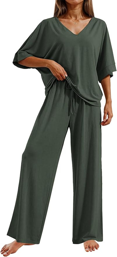 Ekouaer Pajama Sets for Women 2 Piece Lounge Set Short Sleeve Tops and Long Pants Soft Comfy Pjs ... | Amazon (US)