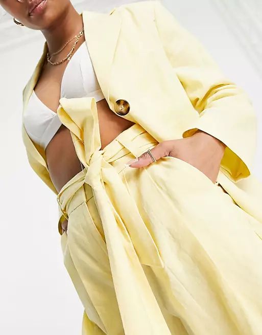 ASOS DESIGN Petite linen slim straight suit in yellow | ASOS | ASOS (Global)