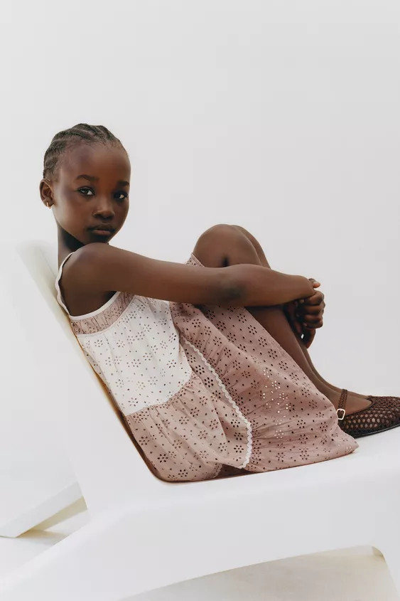Dress with a straight neckline and wavy straps. Swiss embroidered print and matching tonal lining... | Zara US