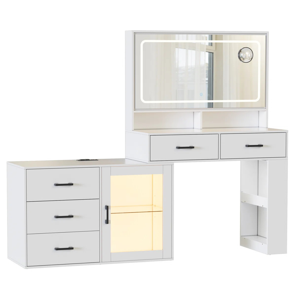 White Makeup Vanity Desk With Mirror And Lights & Charging Station, 3 Color Modes & Adjustable Br... | Wayfair North America