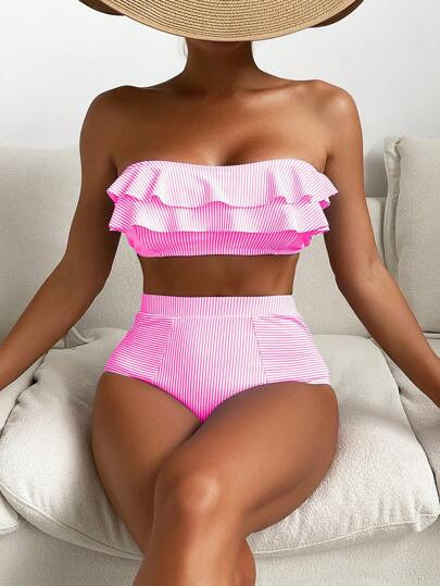 Slaydiva Women's Summer Beach Striped Ruffled Bandeau Sexy Bikini Swimwear Set | SHEIN
