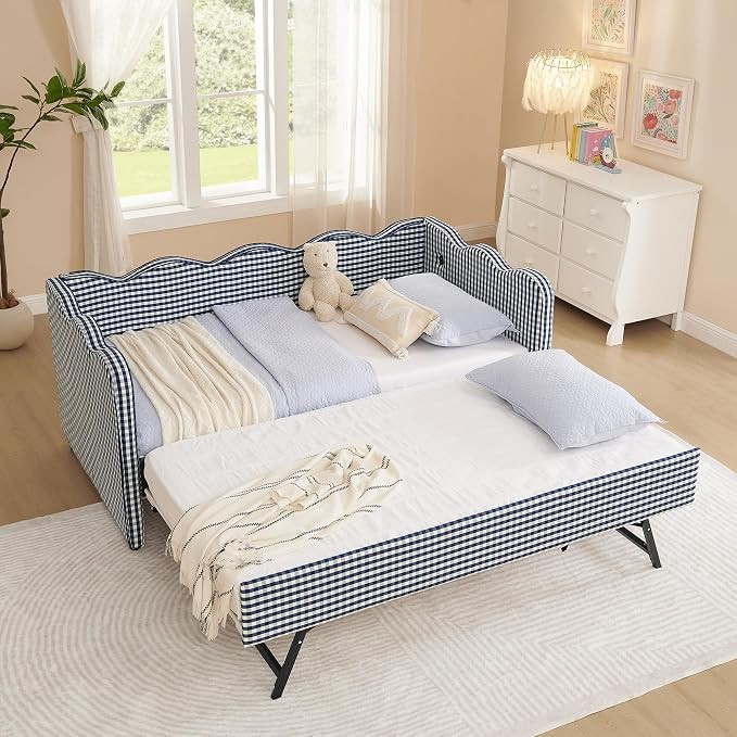 Twin Size Upholstery Daybed with Trundle and USB, Twin to King Design Adorable Wave Shaped Extend... | Amazon (US)
