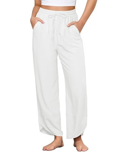 GRAPENT White Linen Pull On Pants for Women High Waisted Boho Womens Clothing Summer Pants for Women Casual Lightweight Wide Leg Lounge Pants Cream White Large Fits US Size 12 to Size 14 | Amazon (US)