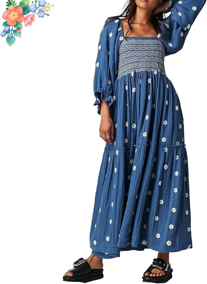Women Puff Sleeve Embroidered Maxi Dress, Square Neck Floral Flowy Long Dress V Neck Casual Dress... | Amazon (US)