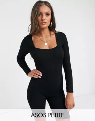 ASOS DESIGN petite jersey square neck rib short unitard in black | ASOS (Global)