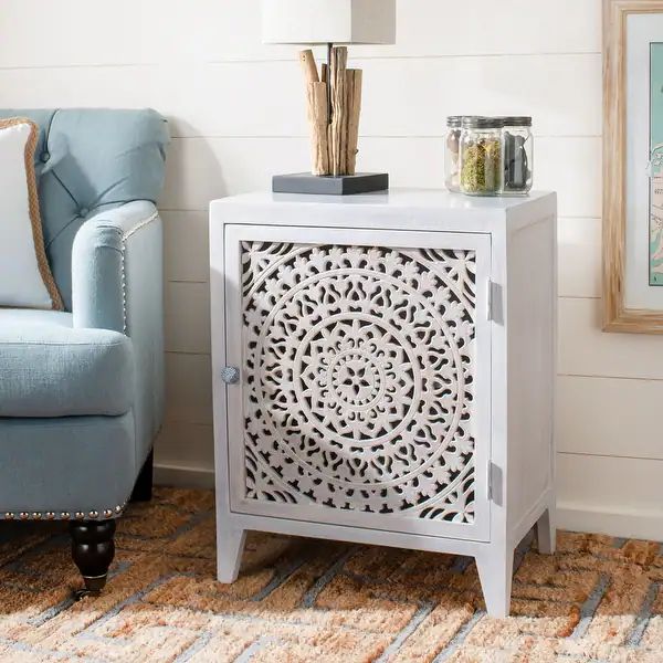 SAFAVIEH Thea Single-door Carved Nightstand - White Washed | Bed Bath & Beyond