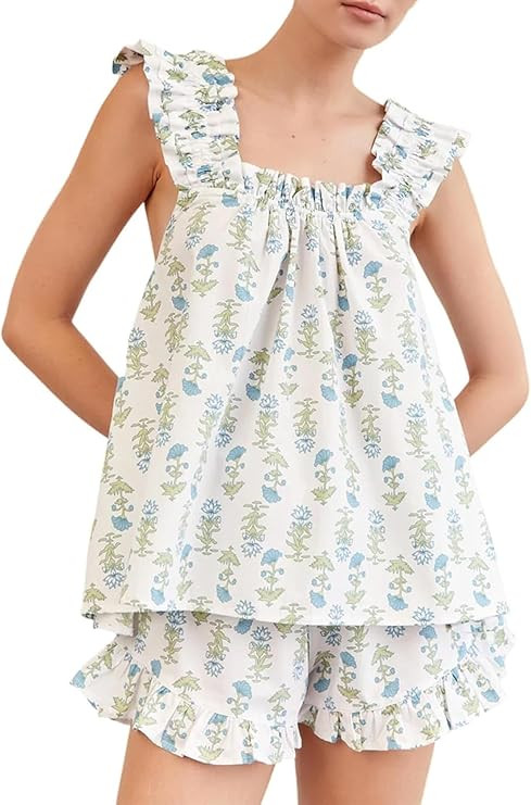 Womens Floral Print Pajama Sets Sleeveless Ruffle Hem Babydoll Casual Shorts Summer 2 Piece Sleep... | Amazon (US)