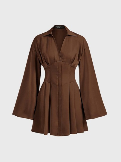 SHEIN MOD Bell Sleeve Pleated Shirt Dress | SHEIN