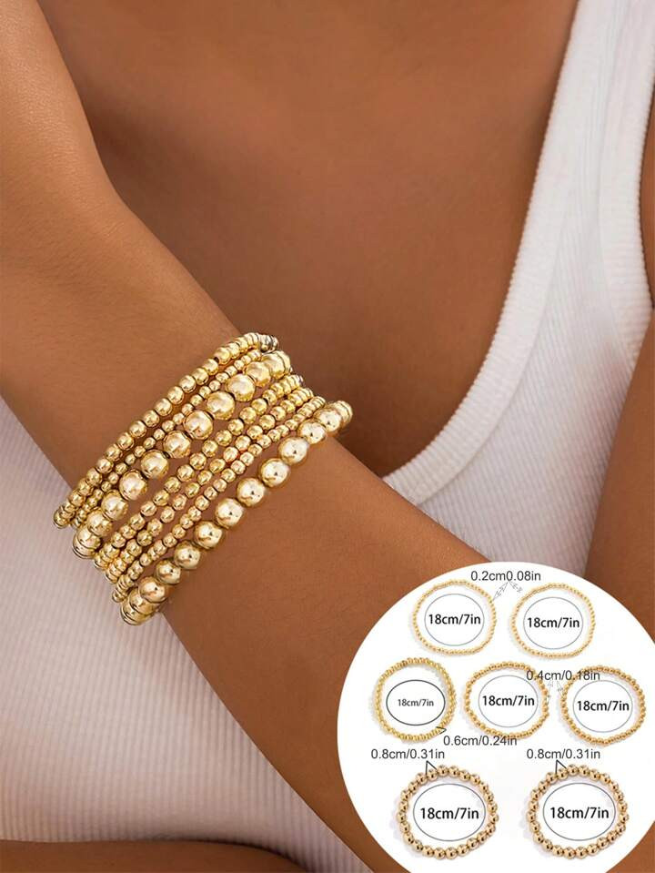 Set Of 7 Fashionable Simplicity Handmade Beaded Round Bead Link Layering Elastic Bracelets, Beach... | SHEIN