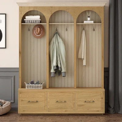 Farmhouse Wooden Style Hall Tree with Arched Design | Entryway Bench with 8 Retro Hooks & 3 Drawers | Rustic Coat Rack & Shoe Organizer for Mudroom, L | Wayfair North America