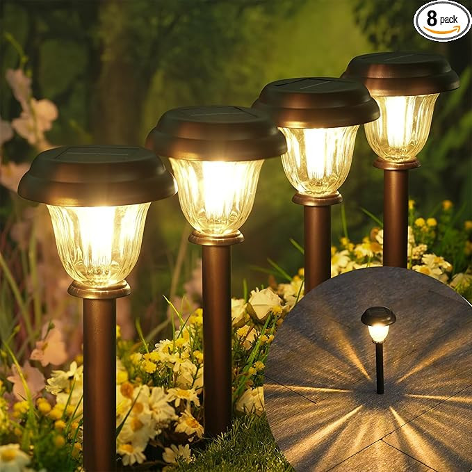 DERAYSION 8 Pack Solar Lights Outdoor, Stainless Steel Glass Solar Pathway Lights, Auto On/Off Lo... | Amazon (US)
