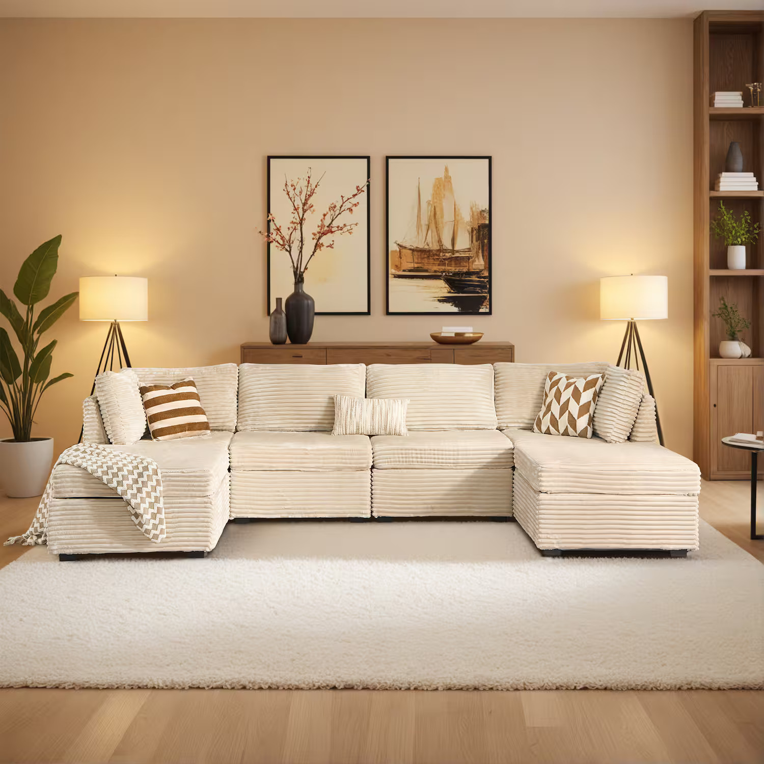 Ovios - 6 PCS Sectional Sofa Modern Sofa Couch  U shaped Couch with Ottoman for Living Room - Beige | Best Buy U.S.