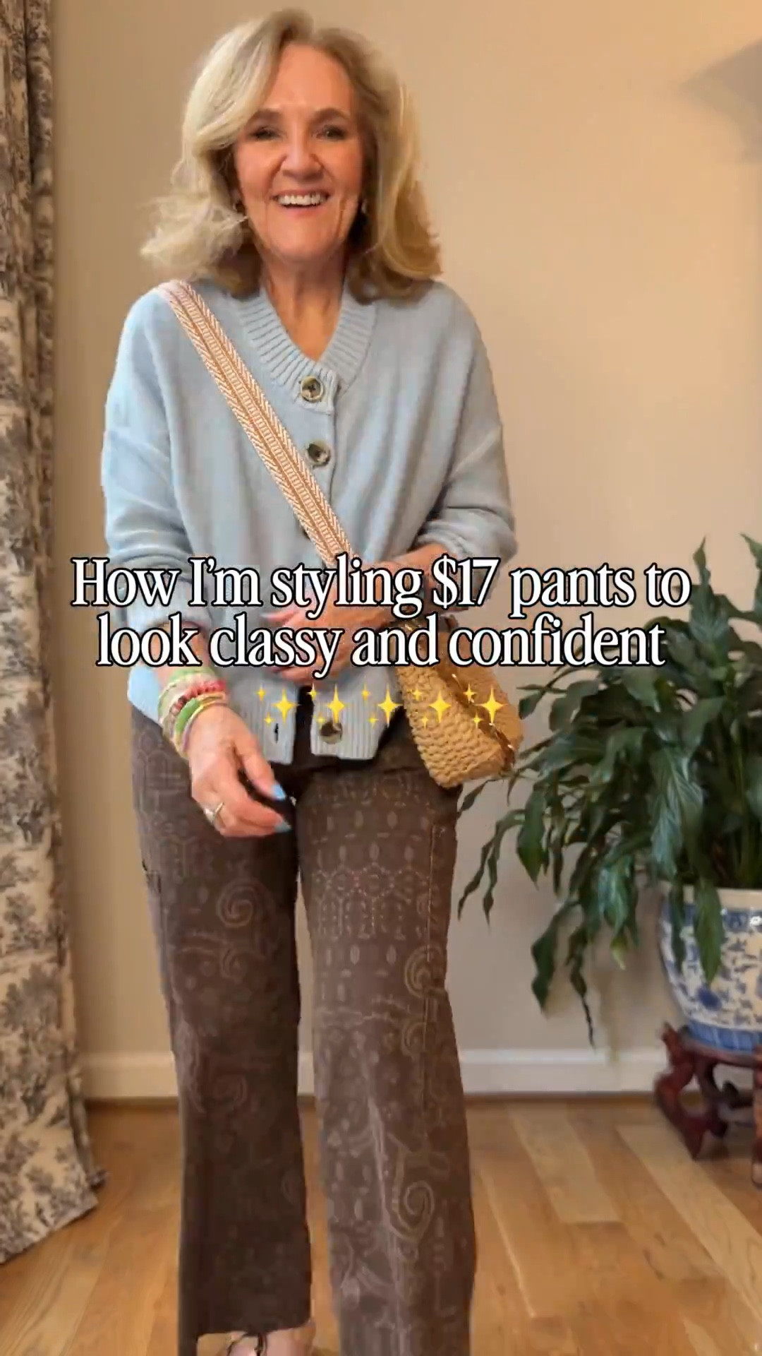 Bandana print pants size medium I cut 3” off the bottom 
Blue cardigan medium 
Blue linen shirt medium 
Linen blazer medium 
My new bracelet stack is launching Thursday 4/2!!! 

#LTKPetite #LTKOver40 #LTKootd