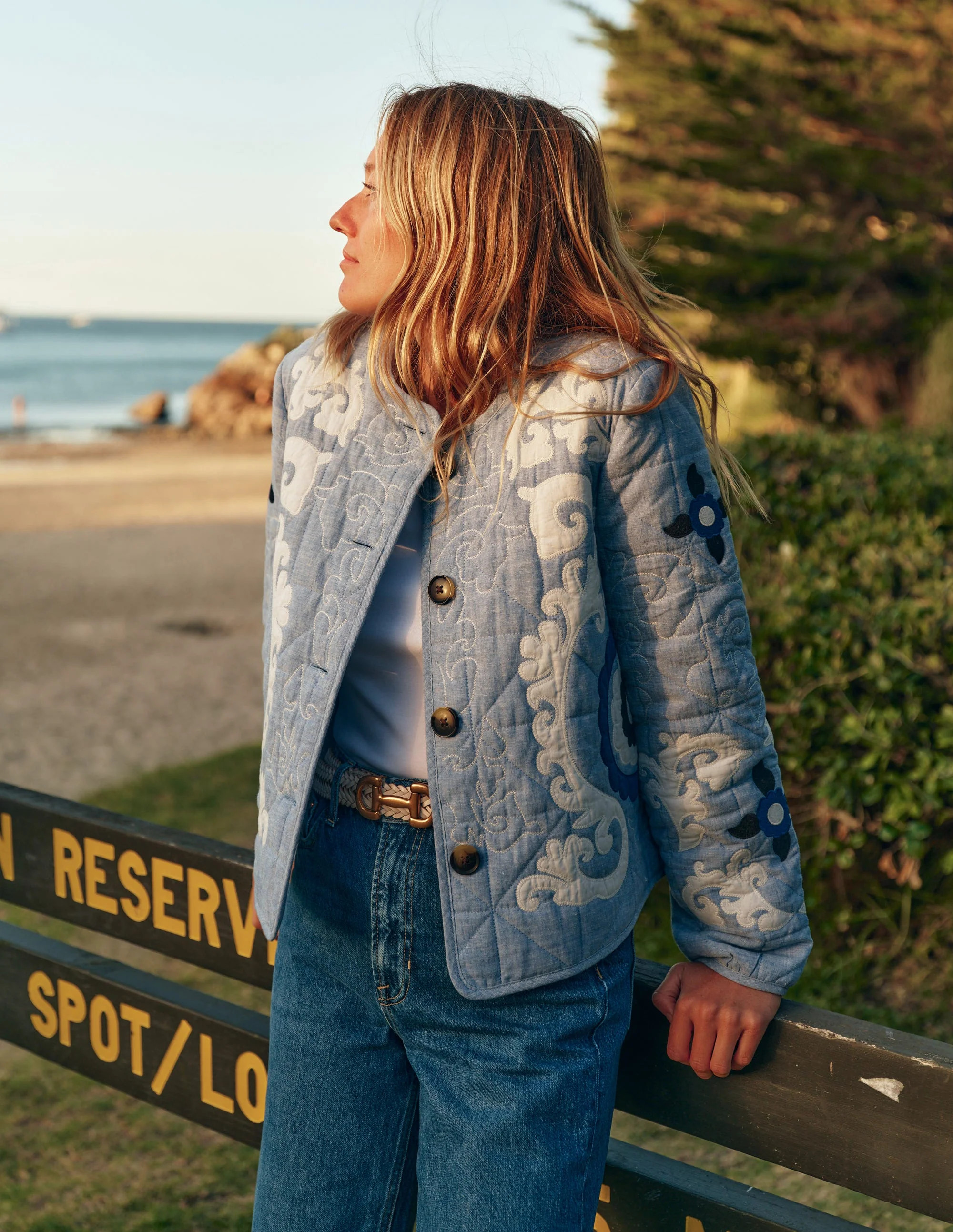 Chelsea Embroidered Jacket-Grey Blue Chambray | Boden UK