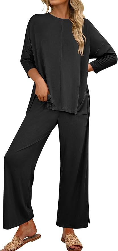 ANRABESS Women's 2 Piece Outfits 3/4 Sleeve Loose Tops Wide leg Pants Lounge Pajama Set Casual Tr... | Amazon (US)