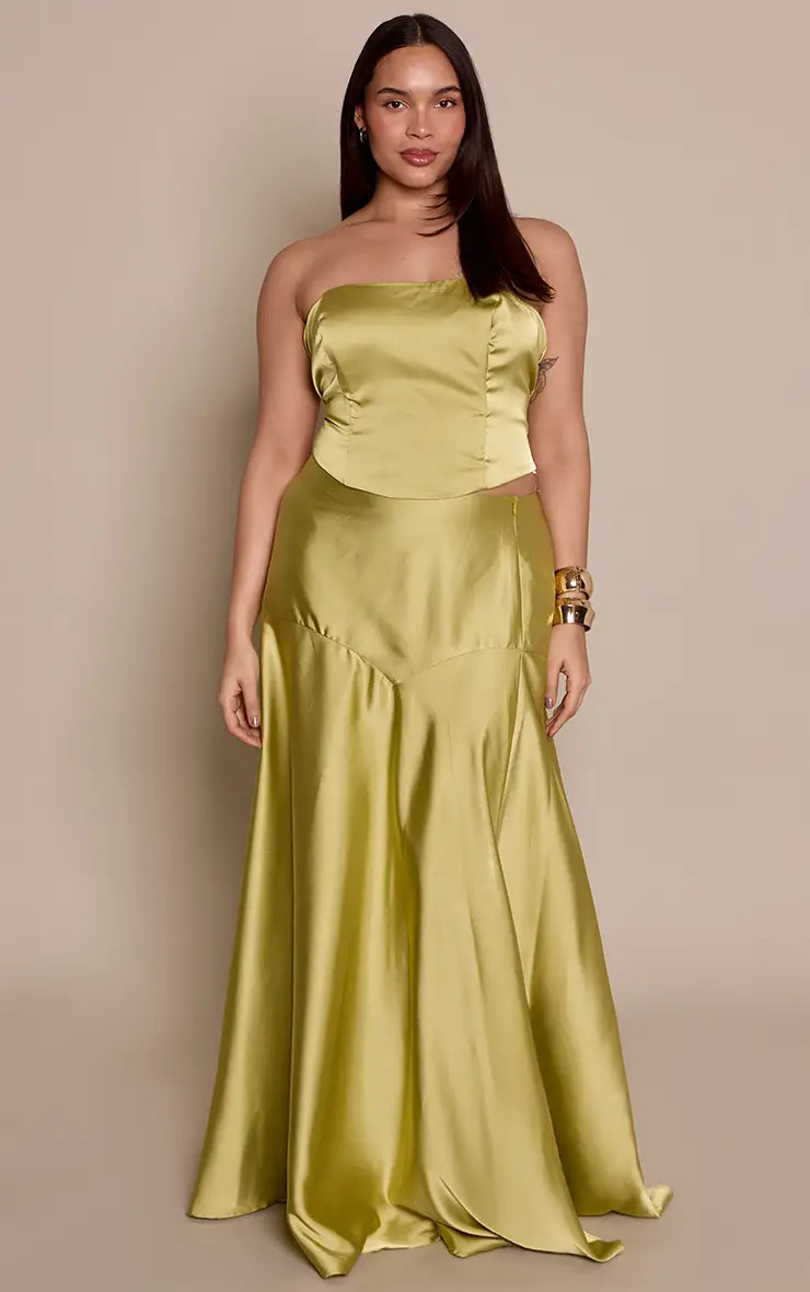 Apple Green Plus Apple Green Satin Fishtail Maxi Skirt Co-ord | PrettyLittleThing USA | PrettyLittleThing US