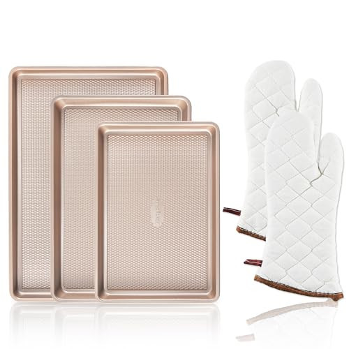HONGBAKE 3 Pack Gold Nonstick Baking Sheet Pan Set with Oven Mitts Heat Resistant, Non-Toxic Half/Quarter/Jelly Roll Pans with Diamond Texture Pattern, Heavy Duty 0.8mm Thick Cookie Trays for Cooking | Amazon (US)