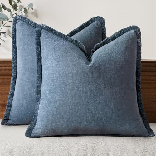 MIULEE Decorative Throw Pillow Covers Neutral Linen Fringe Throw Pillows Set of 2 Blue Ashes Boho... | Amazon (US)