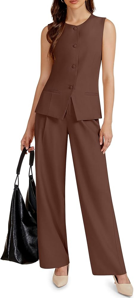 Casly Lamiit Women's 2 Piece Outfit Spring 2026 Sleeveless Suit Vest and Wide Leg Pants Business ... | Amazon (US)