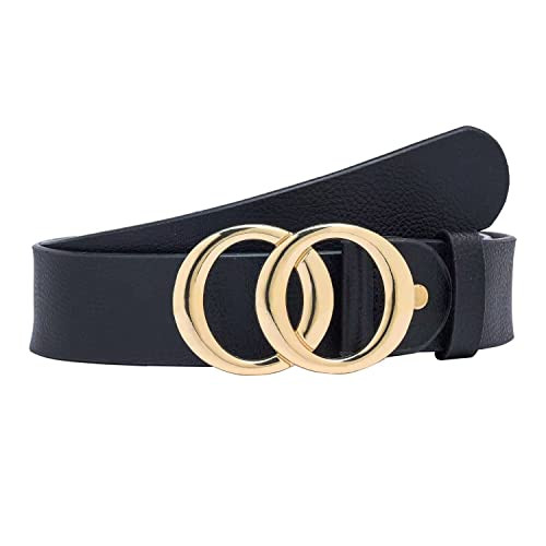 STRSTAR Women's Leather Belts Fashion Gold Buckle Ladies Belt for Jeans Dresses, Black Leather Belt Women Double Ring Design | Amazon (US)